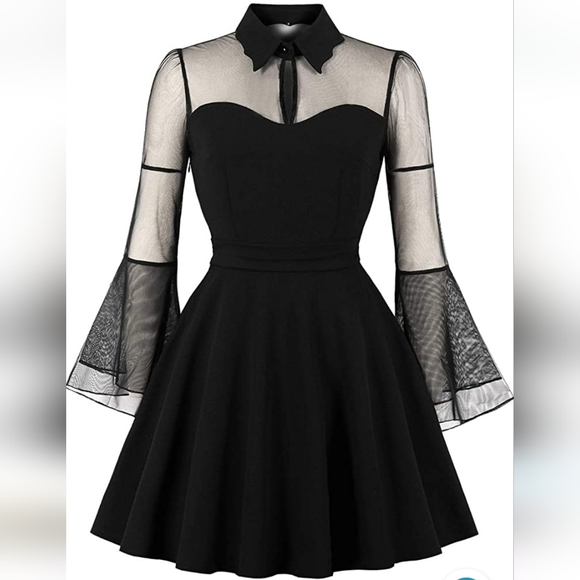 Keyhole Mesh Bell Long Sleeve Gothic Cocktail Vintage Dress - Picture 7 of 7